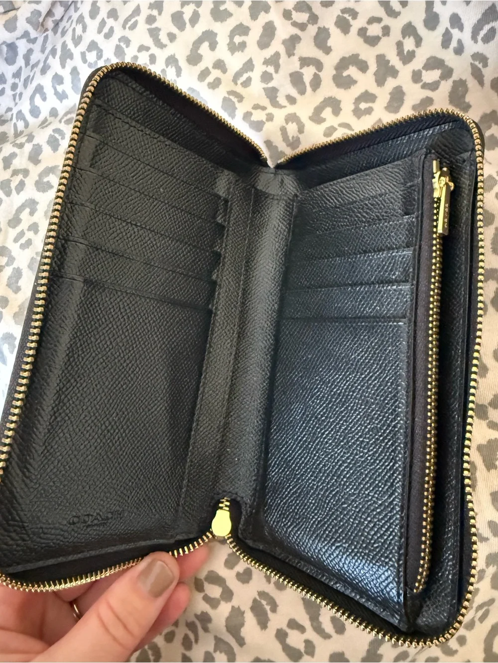 Coach Black Leather Zip ID Card Holder with Gold Hardware